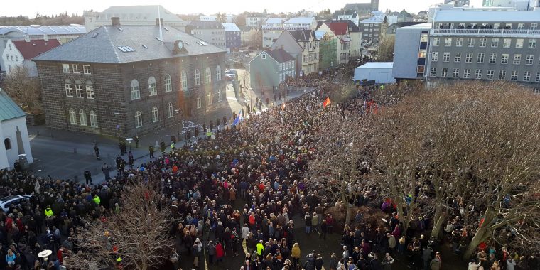 Protests outside Iceland's Parliament in Reykjavik on Monday afternoon