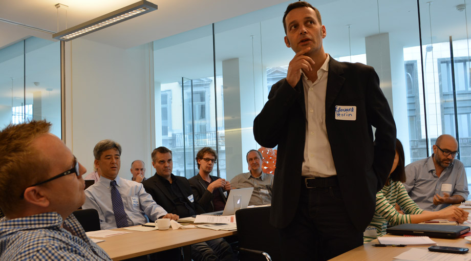 Edouard Perrin speaking at the Luxembourg Leaks team meeting in Brussels