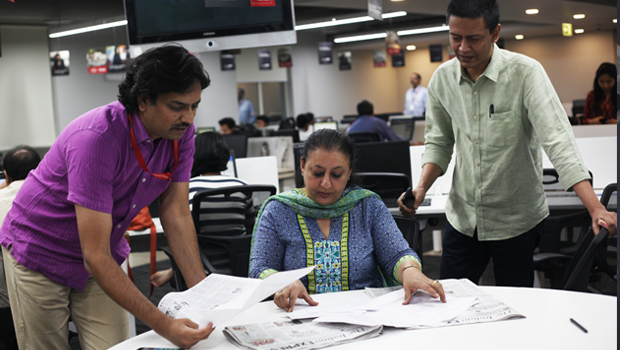 Investigative reporters P Vaidyanathan Iyer, Ritu Sarin, Jay Mazoomdaar at work in India.
