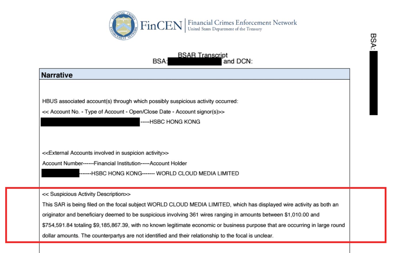 A 2014 SAR filed by HSBC highlighting WCM