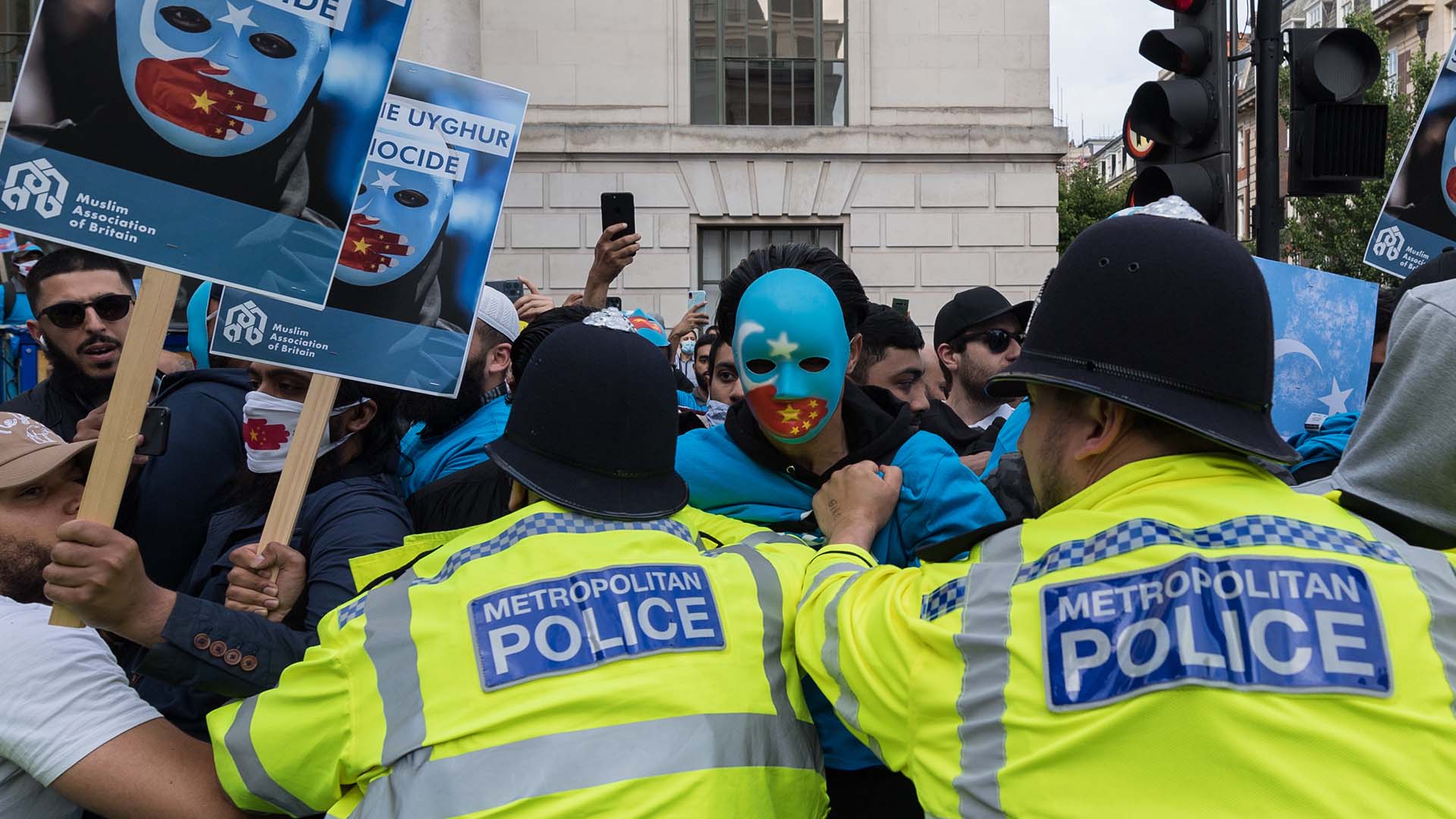 Protesters in London outside the Chinese Embassy