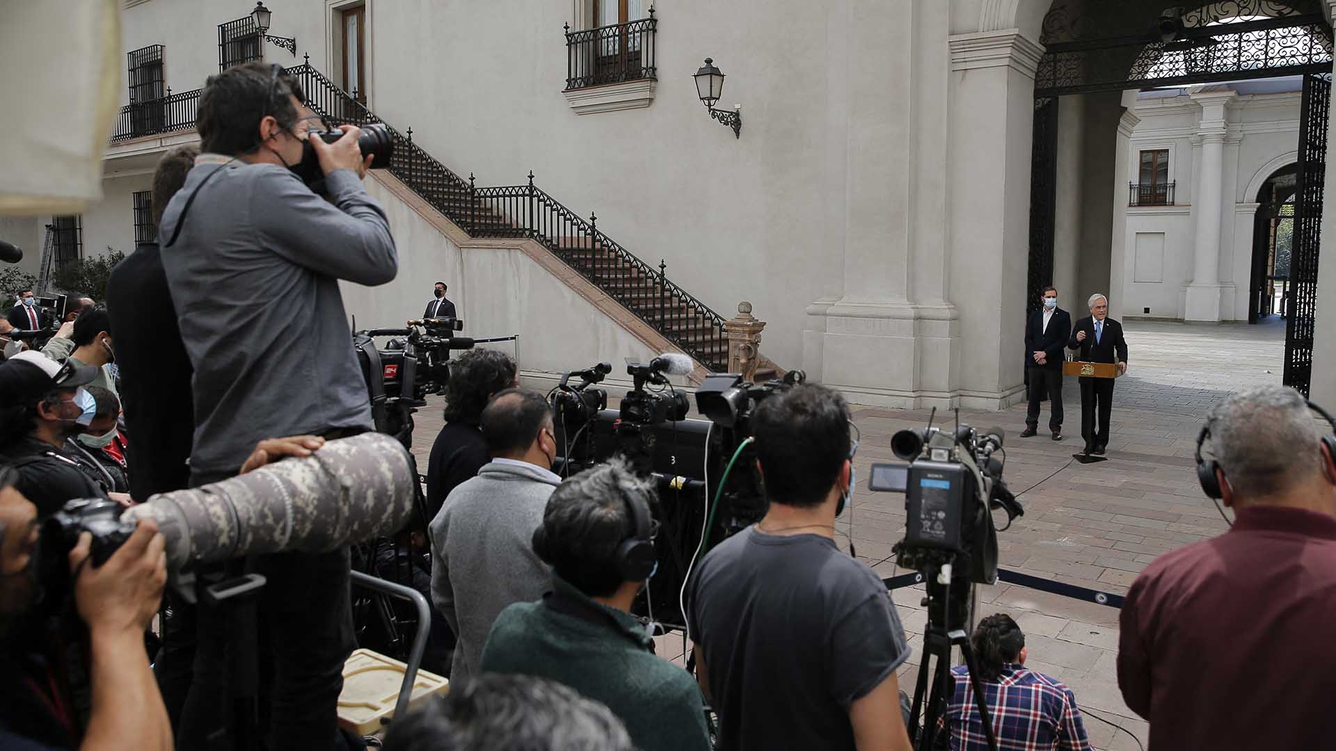 Chilean President Sebastian Pinera offers a press conference, denying any wrongdoing, a day after he was mentioned in the Pandora Papers, at La Moneda presidential palace in Santiago, on October 4, 2021.