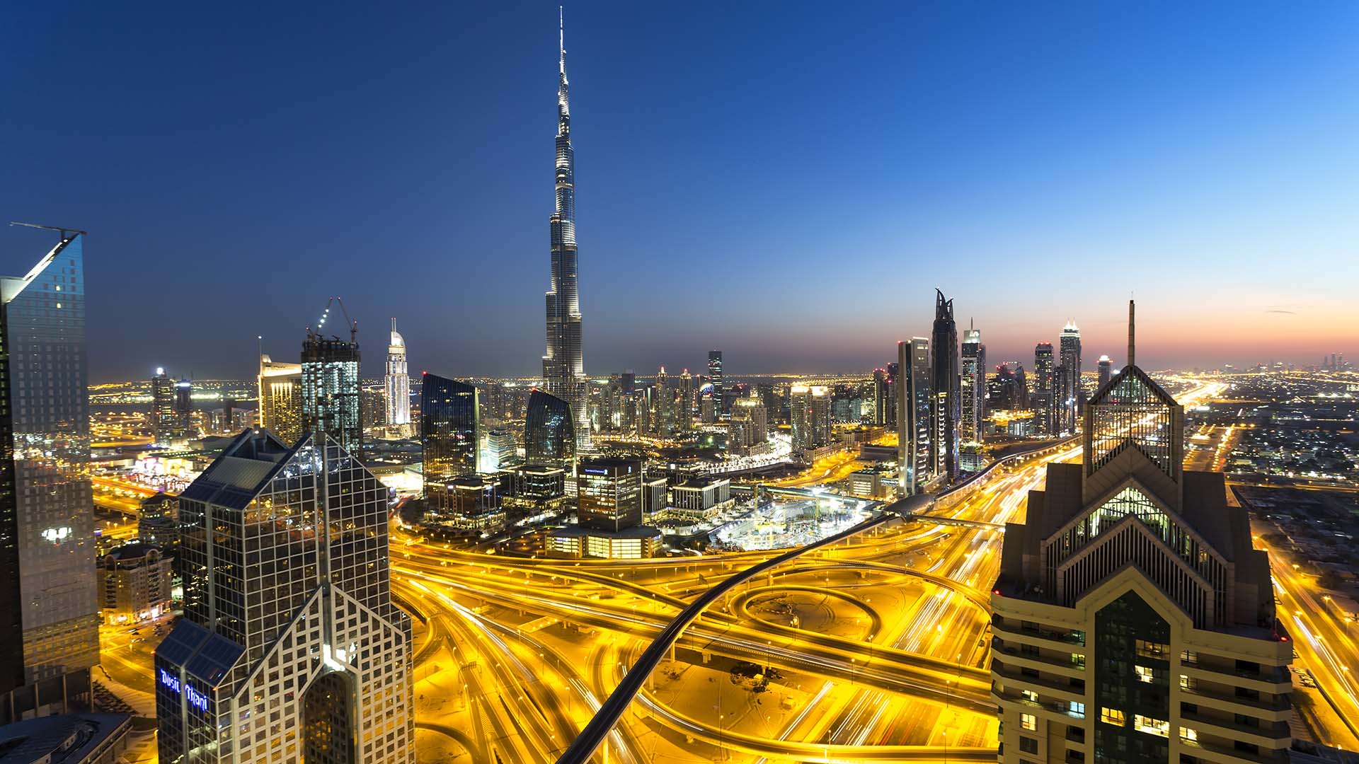 Elevated view of Dubai at dusk