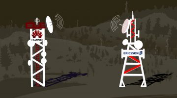 Illustration showing one Huawei phone tower and one Ericsson phone tower
