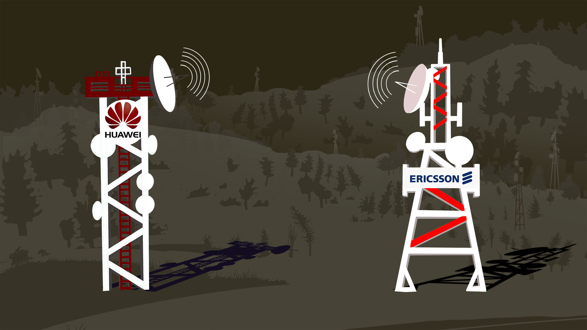 Illustration showing one Huawei phone tower and one Ericsson phone tower