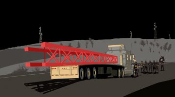 Illustration of a truck carrying a phone tower being stopped by militants