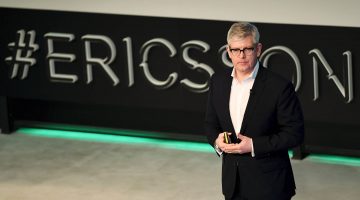 Photo of Ericsson CEO Borje Ekholm in front of an Ericsson sign