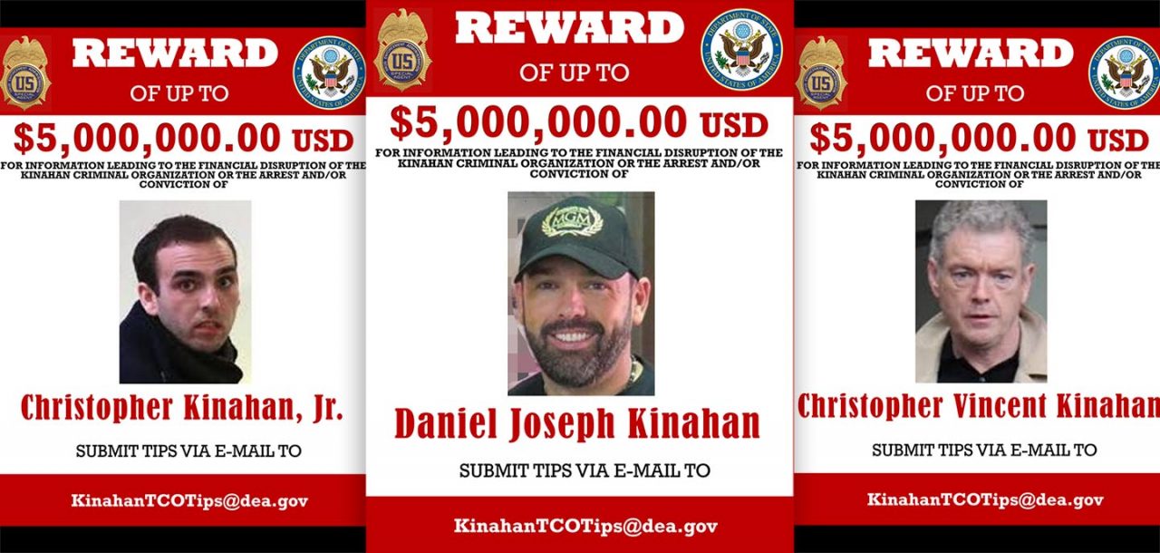 A set of three posters offering $5 million rewards each for Christopher Kinahan Jr, Daniel Kinahan and Christopher Kinahan Sr.