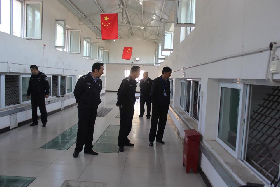 Photo of officials peering down into cells