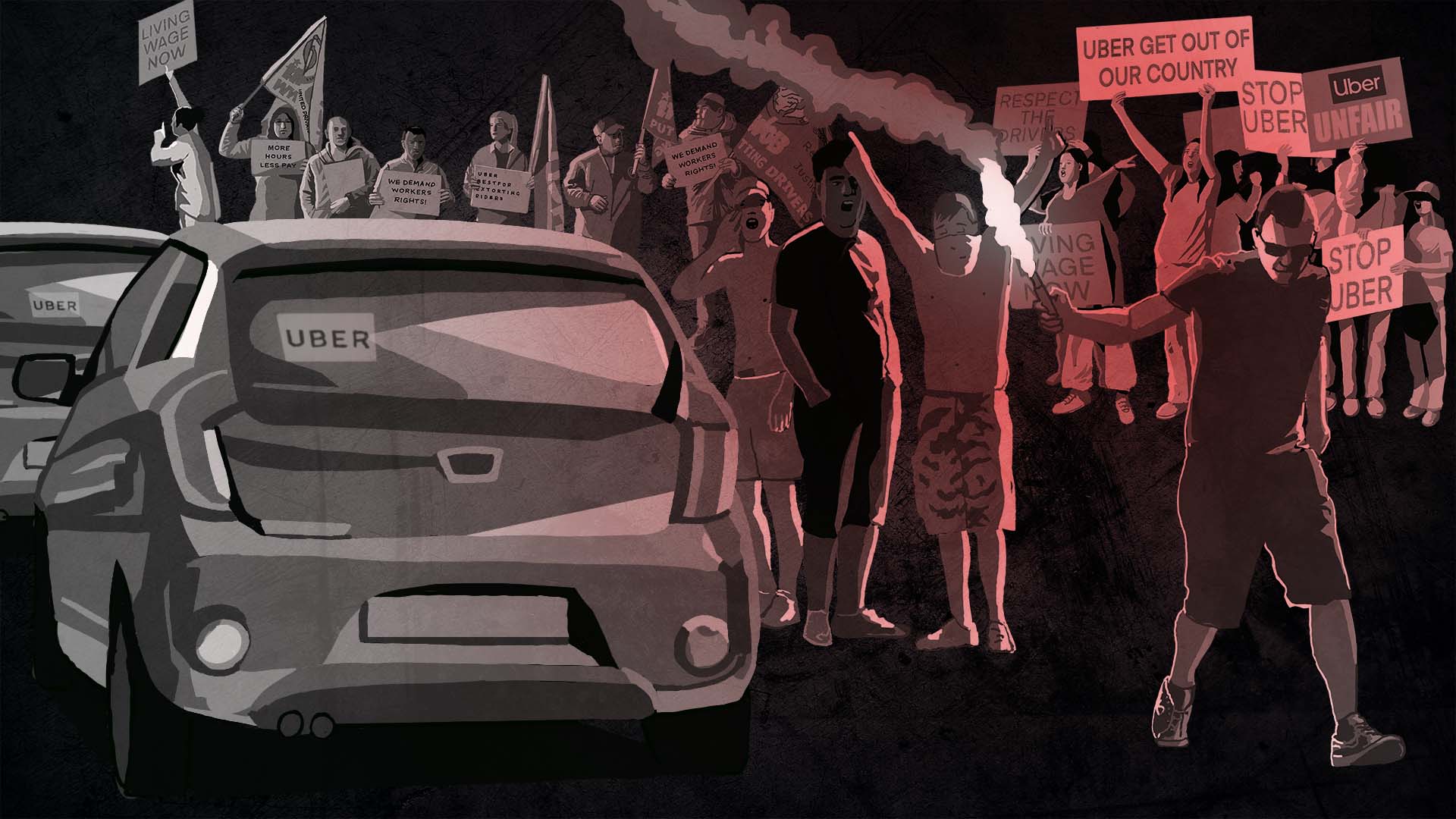 Illustration of protesters near Uber cars