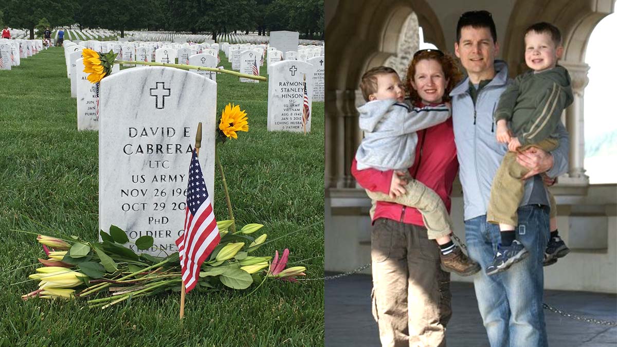 Two photos, showing David Cabrera's grave, and one family photo
