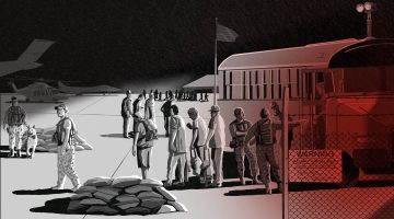 Illustration of workers entering a military base