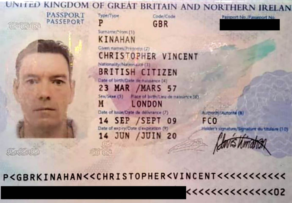 Identity page of Kinahan's passport