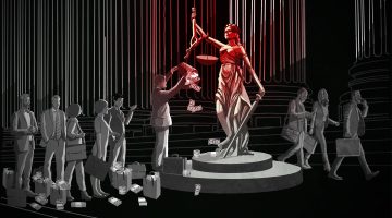 Illustration of Lady Justice accepting cash from businesspeople