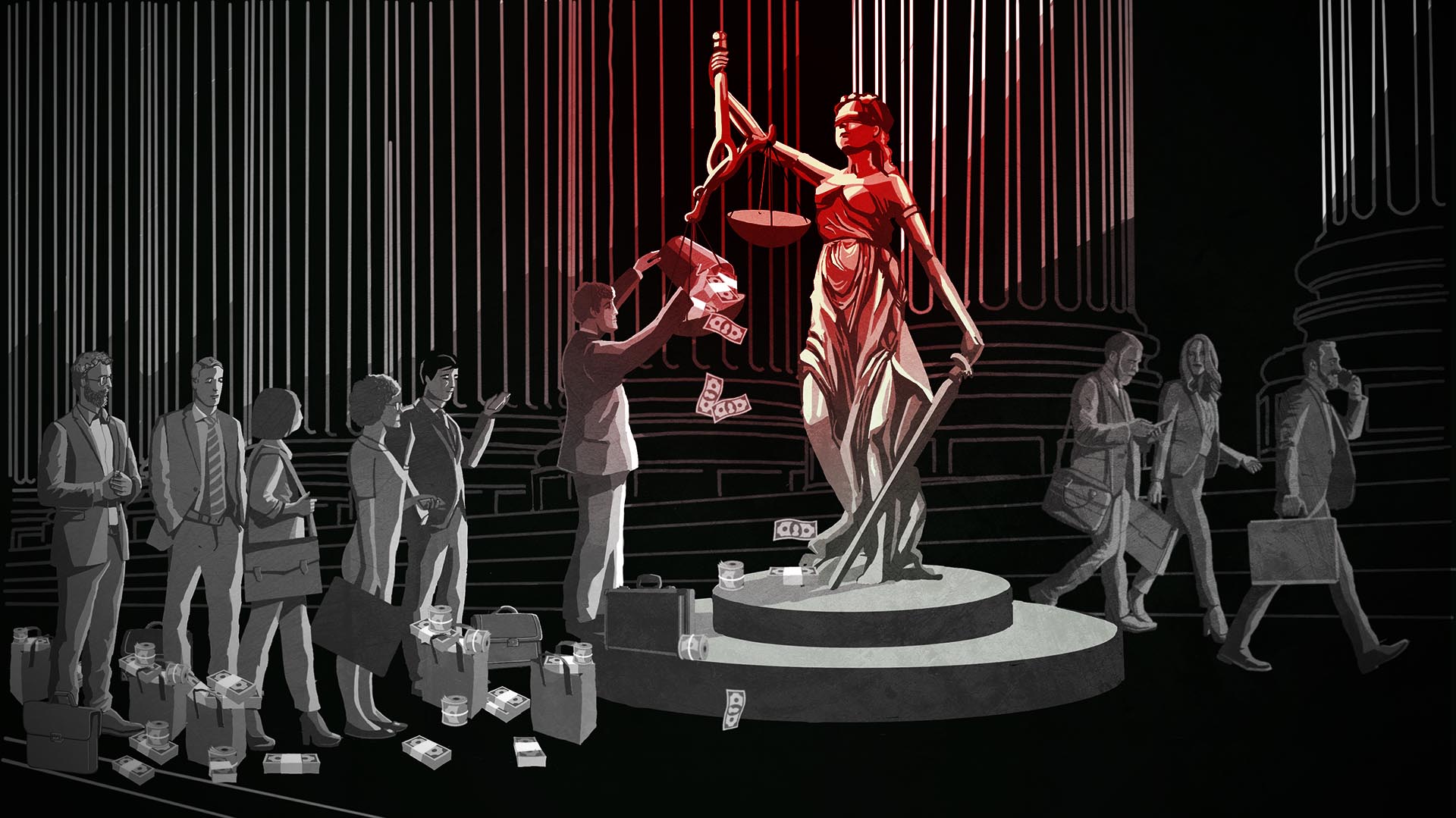 Illustration of Lady Justice accepting cash from businesspeople