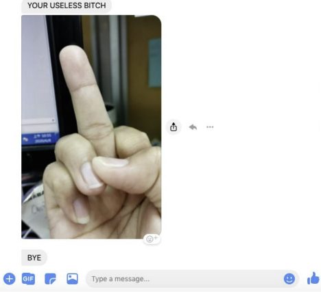 A Facebook messenger message displaying a person's middle finger