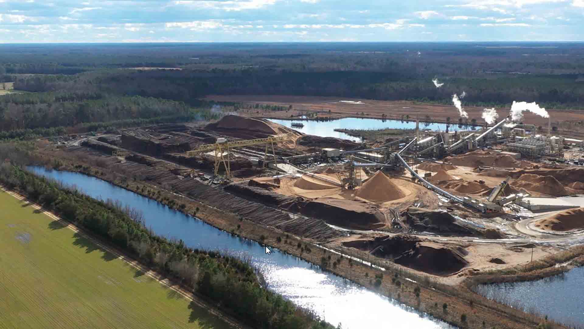 An aerial view of a wood pellet mill in Southhampton, Virginia