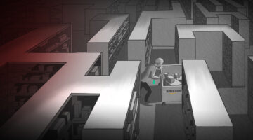 An illustration of a worker pushing a cart marked "Amazon" through a maze of shelves.