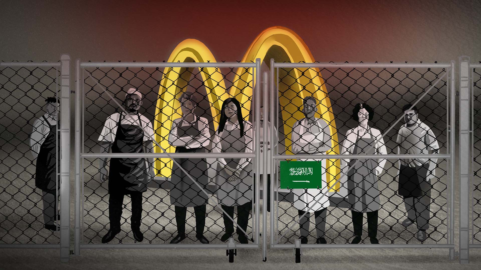 A crowd of workers in front of a looming McDonald's "M" looking out from behind a chain-link fence.