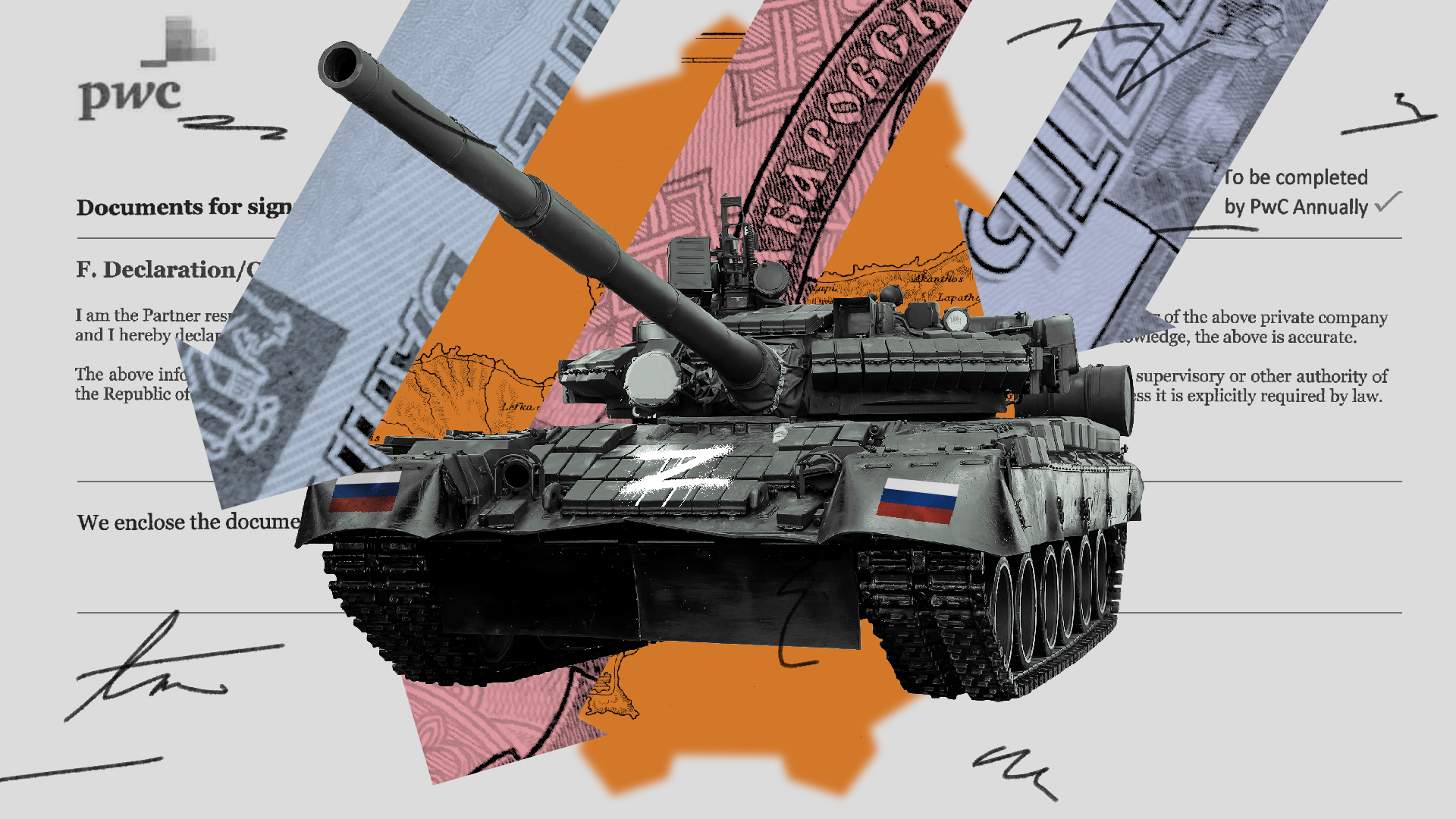 Photo illustration of a tank with Russian flag against a background of document and currency cut-outs