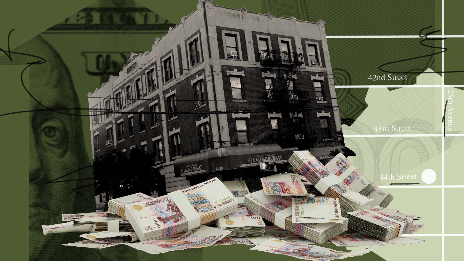 An apartment building sinking into a pile of cash