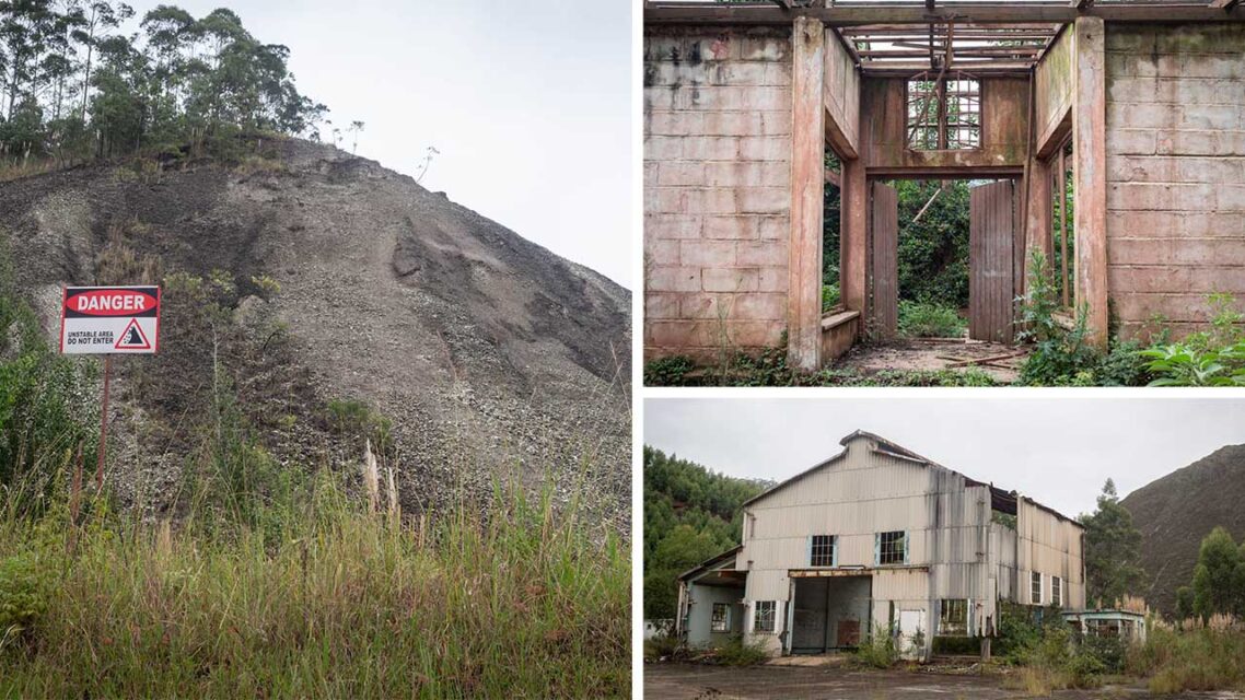 Collage of three images. On left, a danger sign in front of a crumbling hillside, on right top, entryway to crumbling building, on right bottom, dilapidated industrial site.