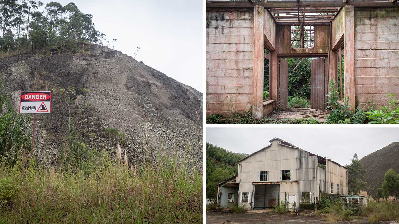 Collage de tres imágenes. A la izquierda, una señal de peligro frente a una ladera derrumbada; arriba a la derecha, la entrada a un edificio derruido; abajo a la derecha, un polígono industrial en ruinas.