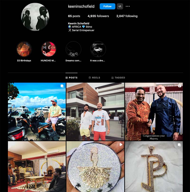 Screenshot of an Instagram profile page featuring thumbnails of jewelry and people.