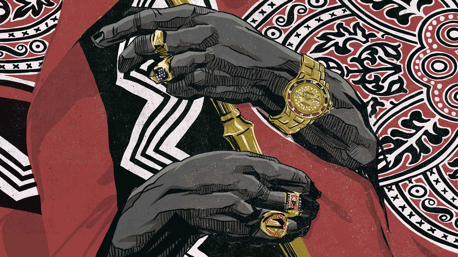 Illustration of two hands bedecked with gold jewellery and an expensive watch, holding a gold staff.