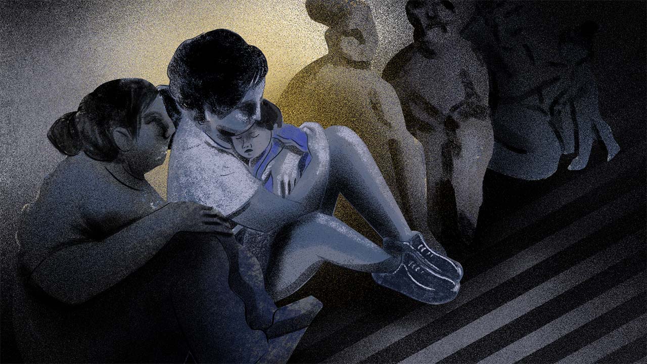 Illustration in shades of blue showing a mother and child huddled on the floor of a truck trailer.