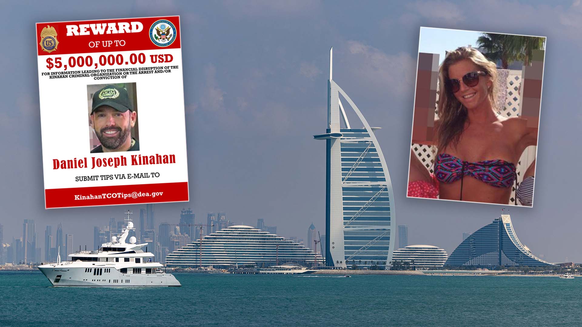 Photo of Dubai's skyline across the water, with inset images showing a Rewards poster for Daniel Kinahan and a head and shoulders photo of Caoimhe Robinson wearing sunglasses.