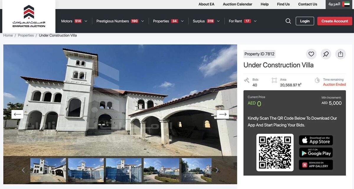 Screenshot of property auction website showing watermarked image of a white, Mediterranean style villa labeled as Under Construction.