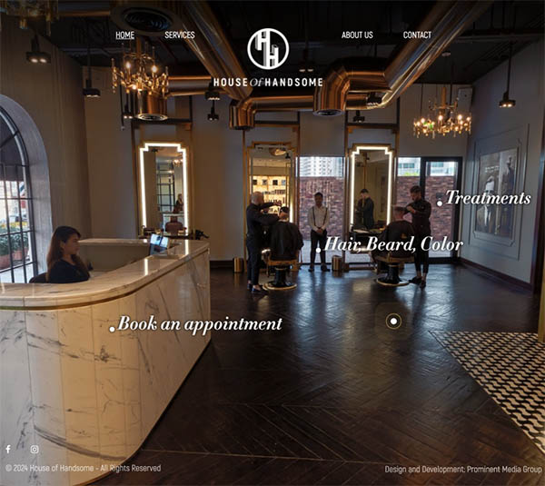 Screenshot of a website showing the interior of the House of Handsome barbershop, featuring a marble reception area, wooden floors and chandeliers.