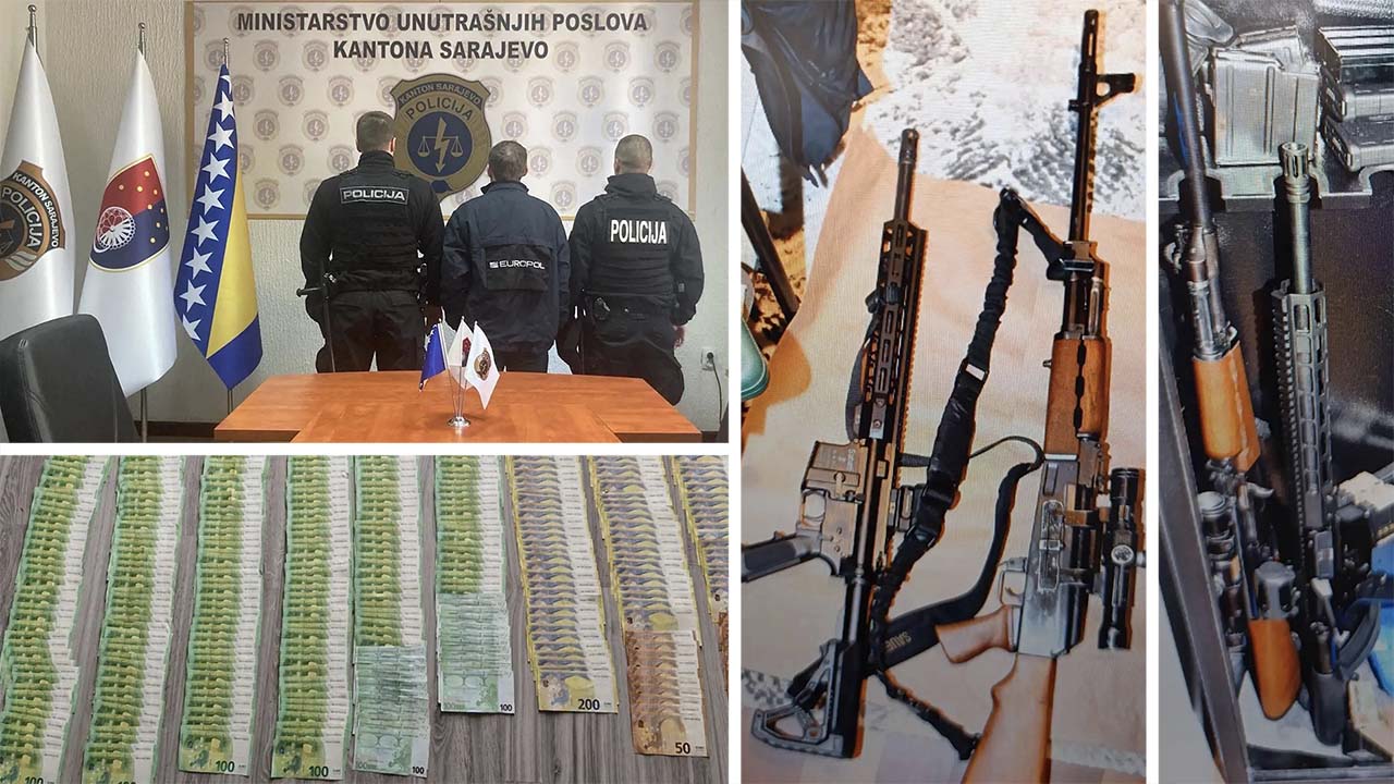 Four images showing the backs of police officers, cash laid out on a table, and two photos of assault rifle-style weapons