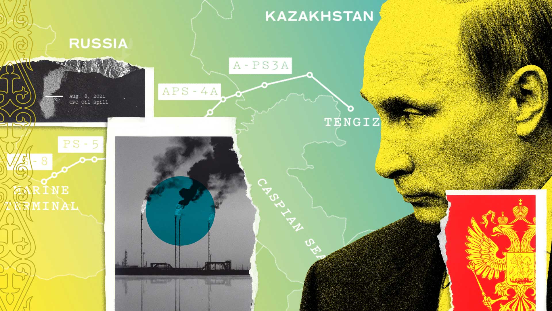 Illustration showing Vladimir Putin's face and a a map of the Caspian pipeline.