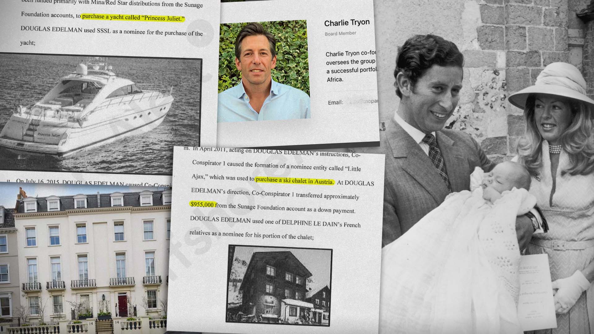 Collage showing pages from the indictment of Douglas Edelman, a screenshot of Lord Charles Tyron's profile on a company website, and a famous historical photo of Prince Charles cradling a baby Lord Tyron.