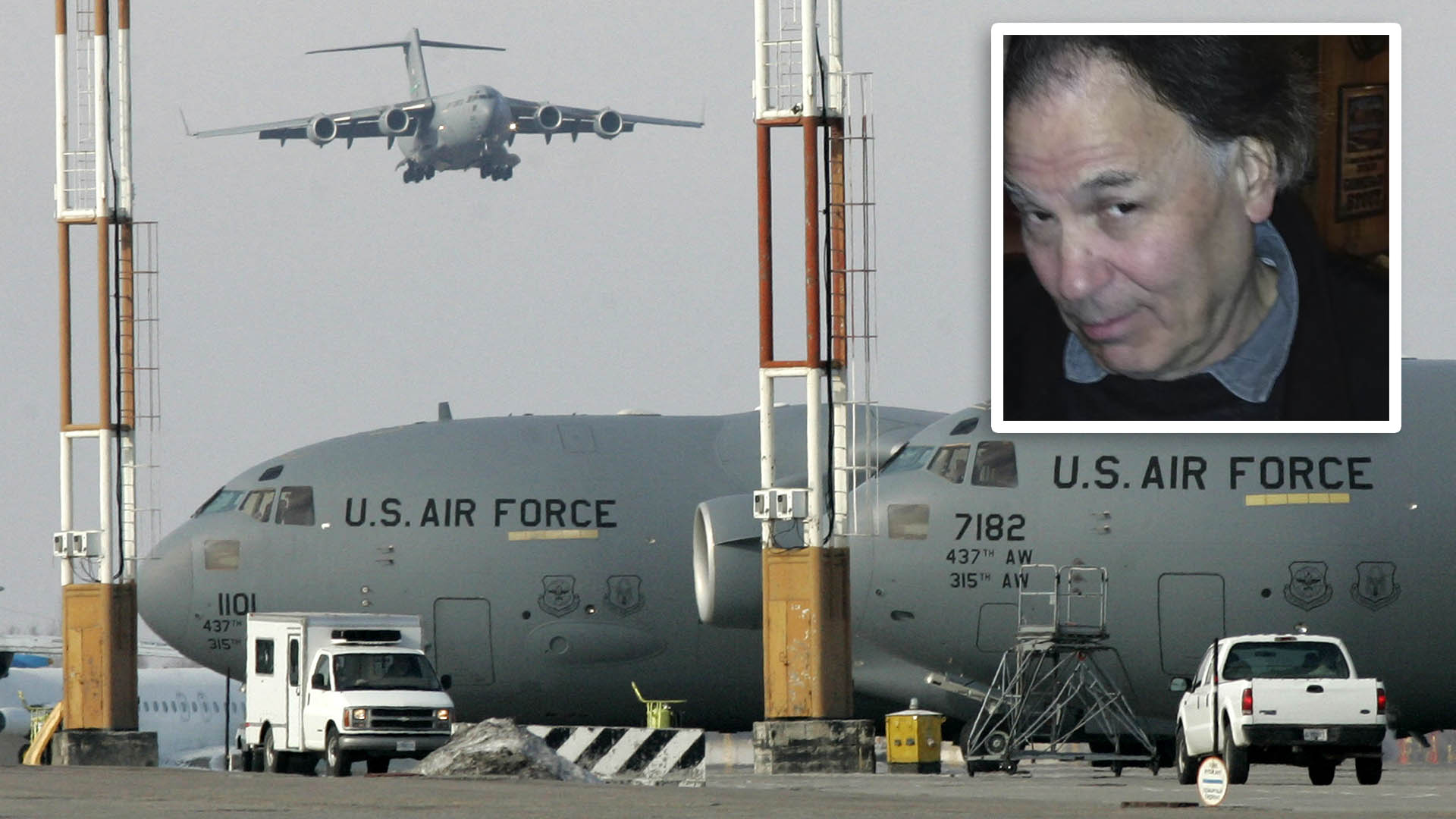 Background image shows large plane approaching airport, near parked US Air Force planes, while inset is a close-up photo of Douglas Edelman.
