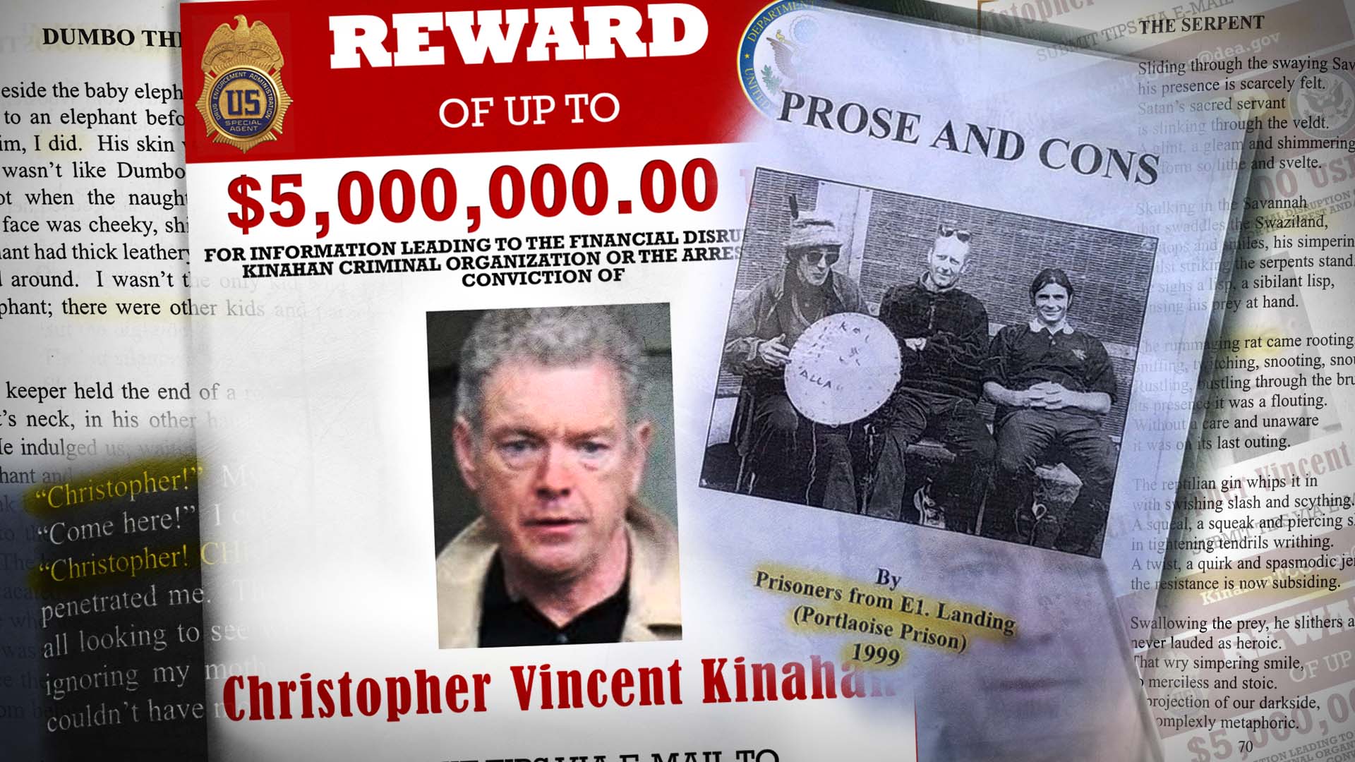 A collage showing the reward poster for Christopher Kinahan Sr. and his prison writing