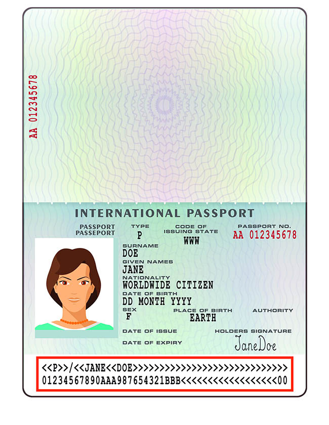 A graphic showing a passport photo page with the machine-readable zone highlighted