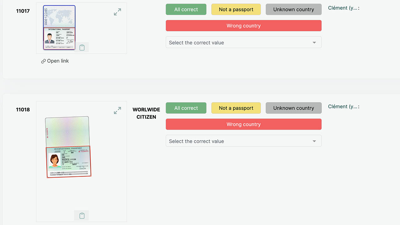 A screenshot of ICIJ's Prophecies fact-checking tool, showing passport pages and buttons for users to click.