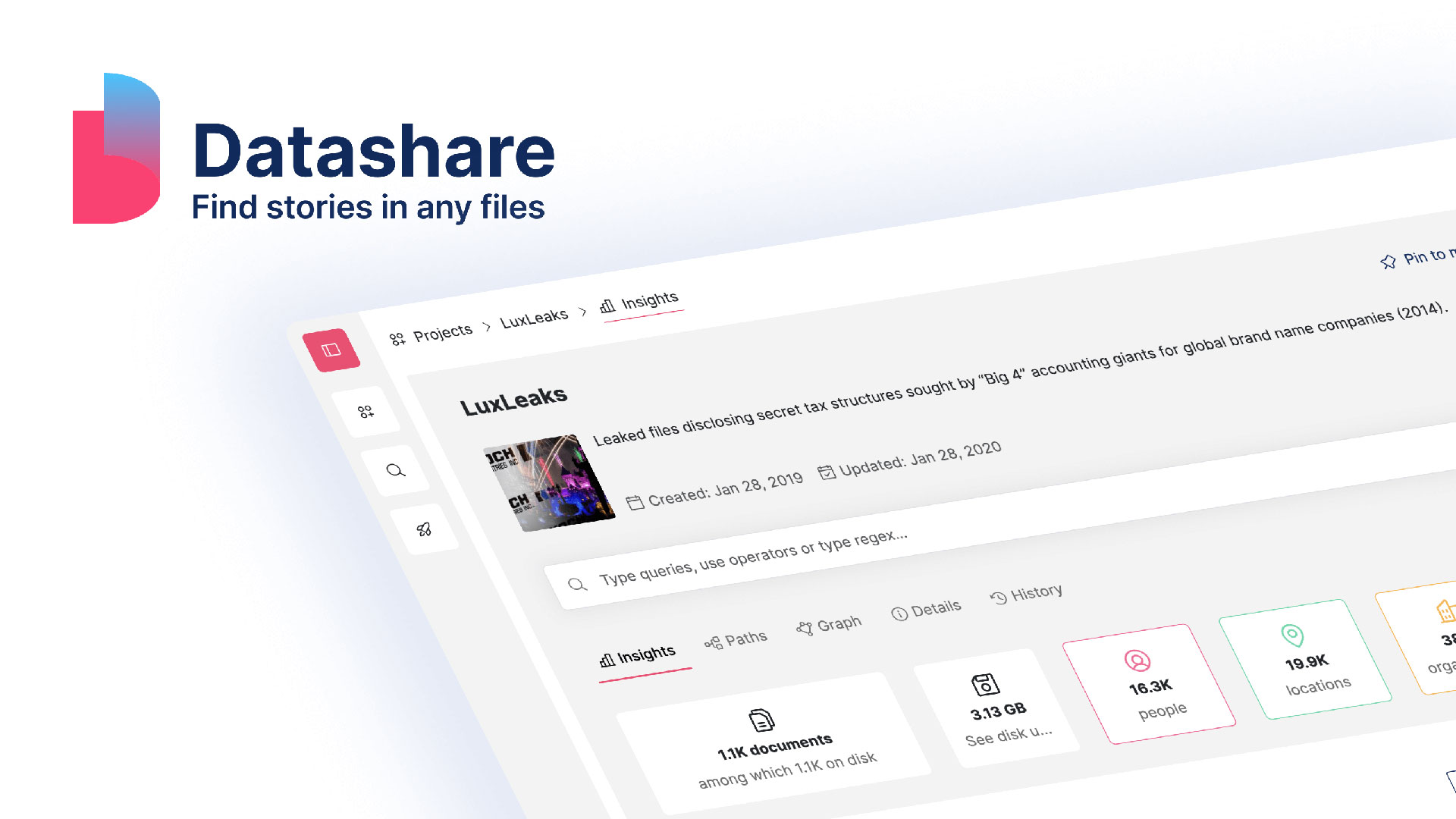 Image shows screenshot of ICIJ Datashare platform with text that reads Datashare, Find stories in any files
