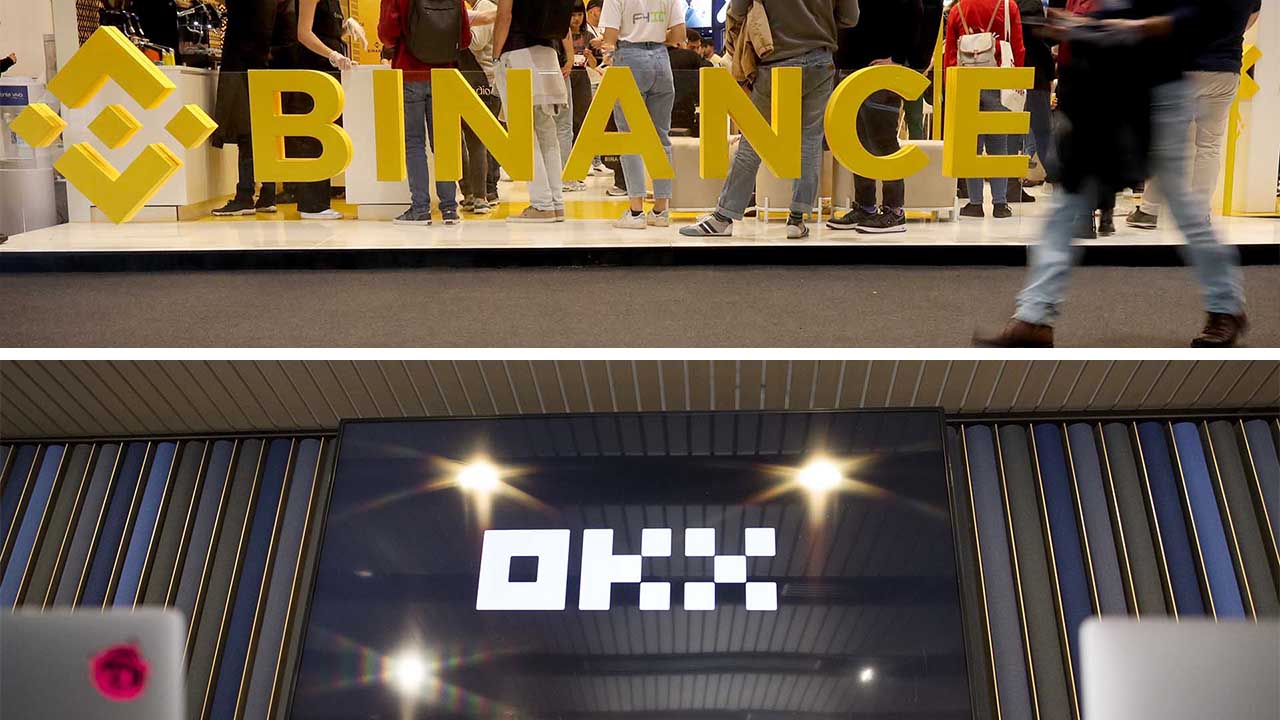 Two photos, one showing large Binance logo with person walking past, the other showing OKX logo on a large television monitor.