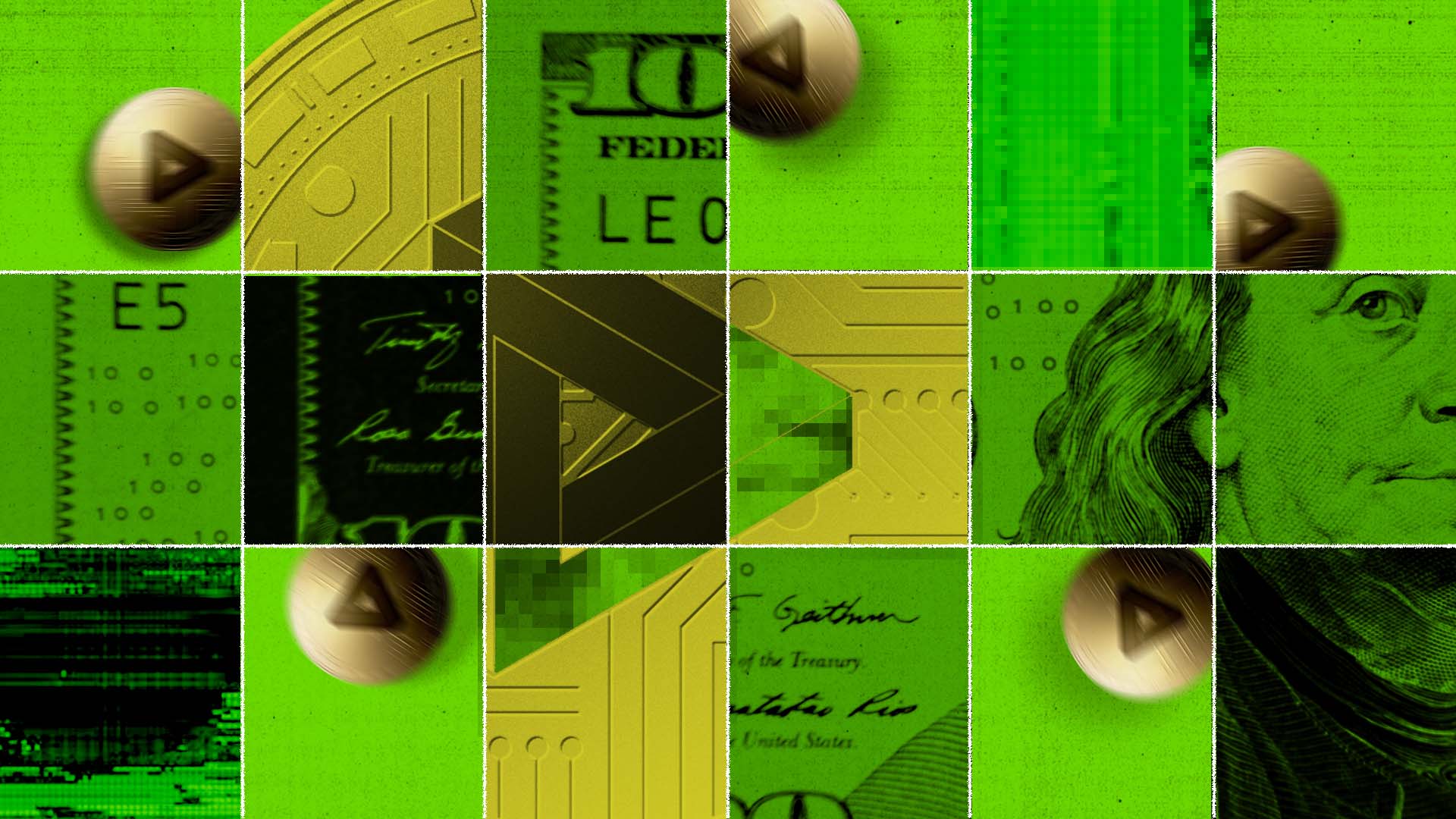 Illustration showing small squares with crypto coins, USD notes, and other elements in green, gold and black.