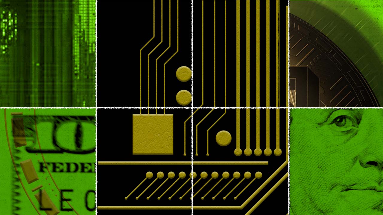 Illustration showing panels of microchip designs and parts of US cash