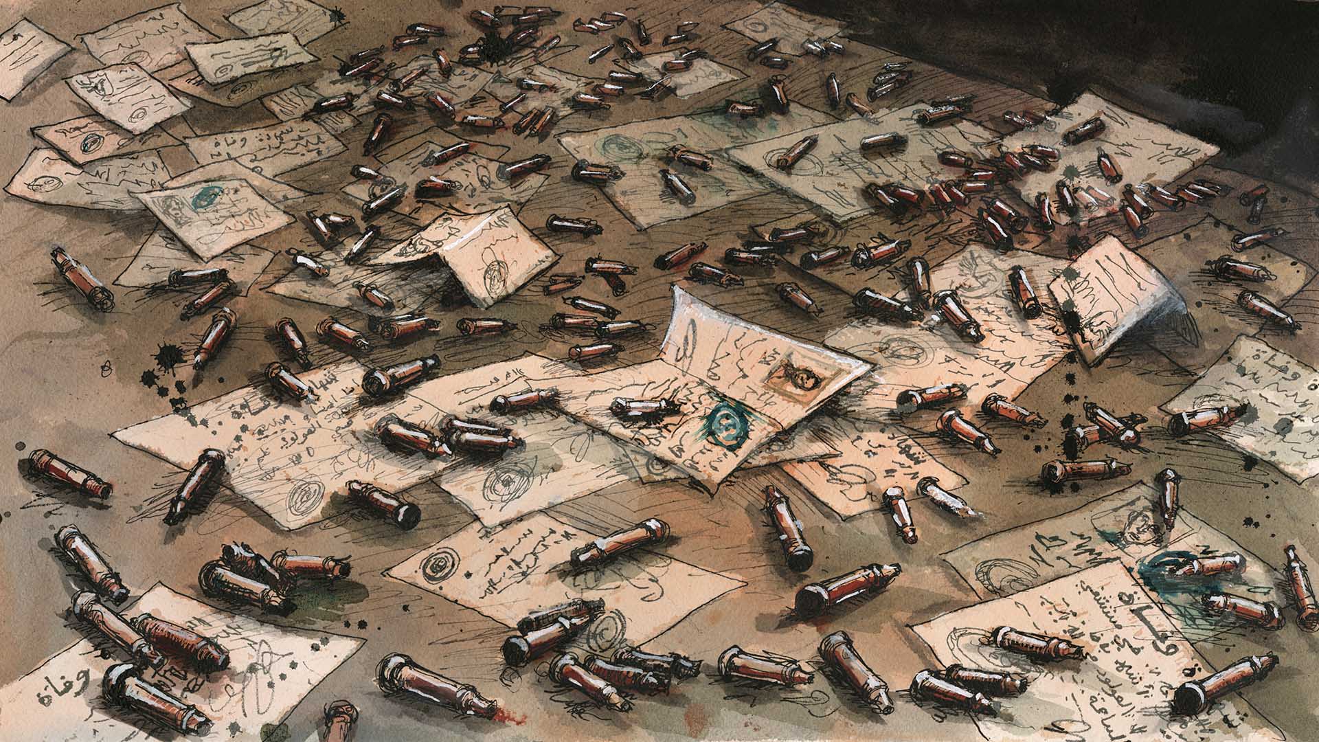 Illustration for the Damascus Dossier investigation showing a desk scattered with documents and bullets.
