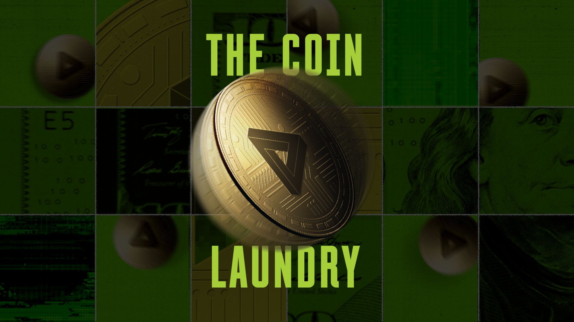 Graphic showing a spinning coin with words reading The Coin Laundry