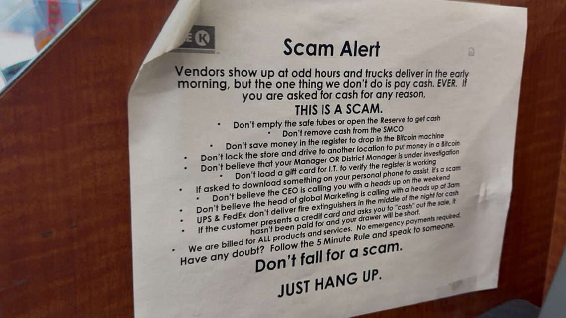 Photo of a printed piece of paper with a list of warnings about common scams.