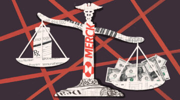 Illustration of a traditional balance scales with a medicine vial on one side and a pile of bank notes on the other, overlaid with documents and the Merck logo