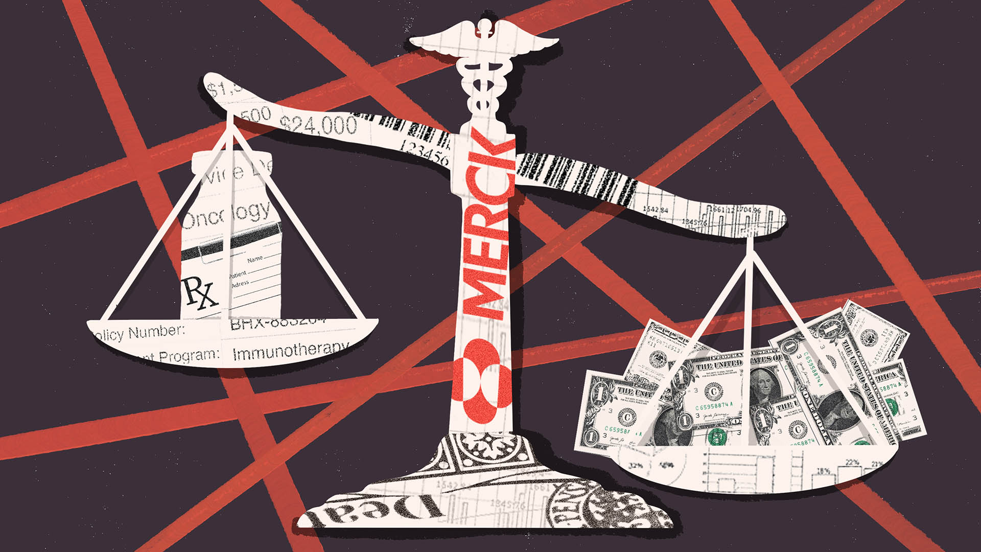 Illustration of a traditional balance scales with a medicine vial on one side and a pile of bank notes on the other, overlaid with documents and the Merck logo