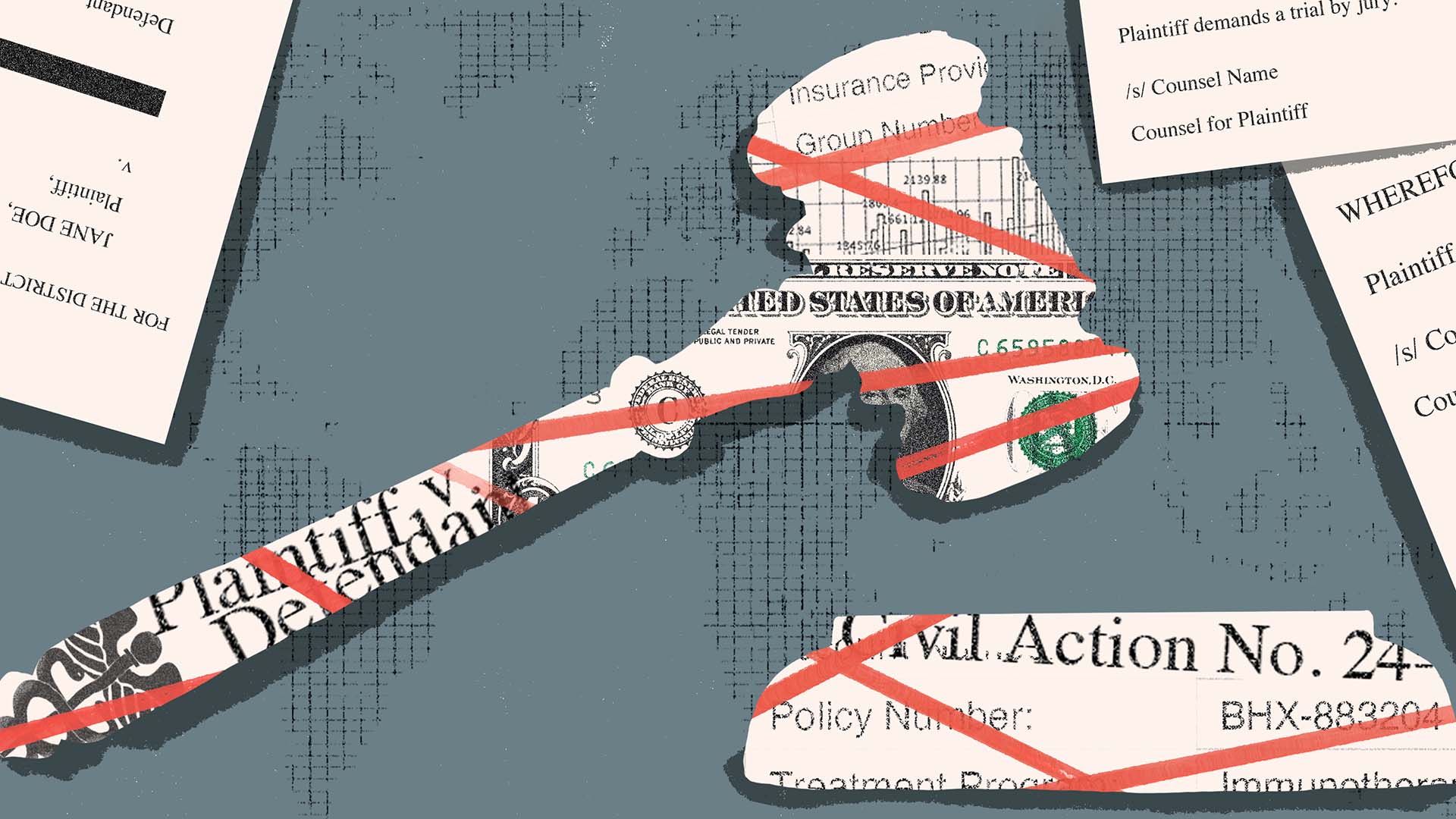 An illustration of a judge's gavel stylized with red tape